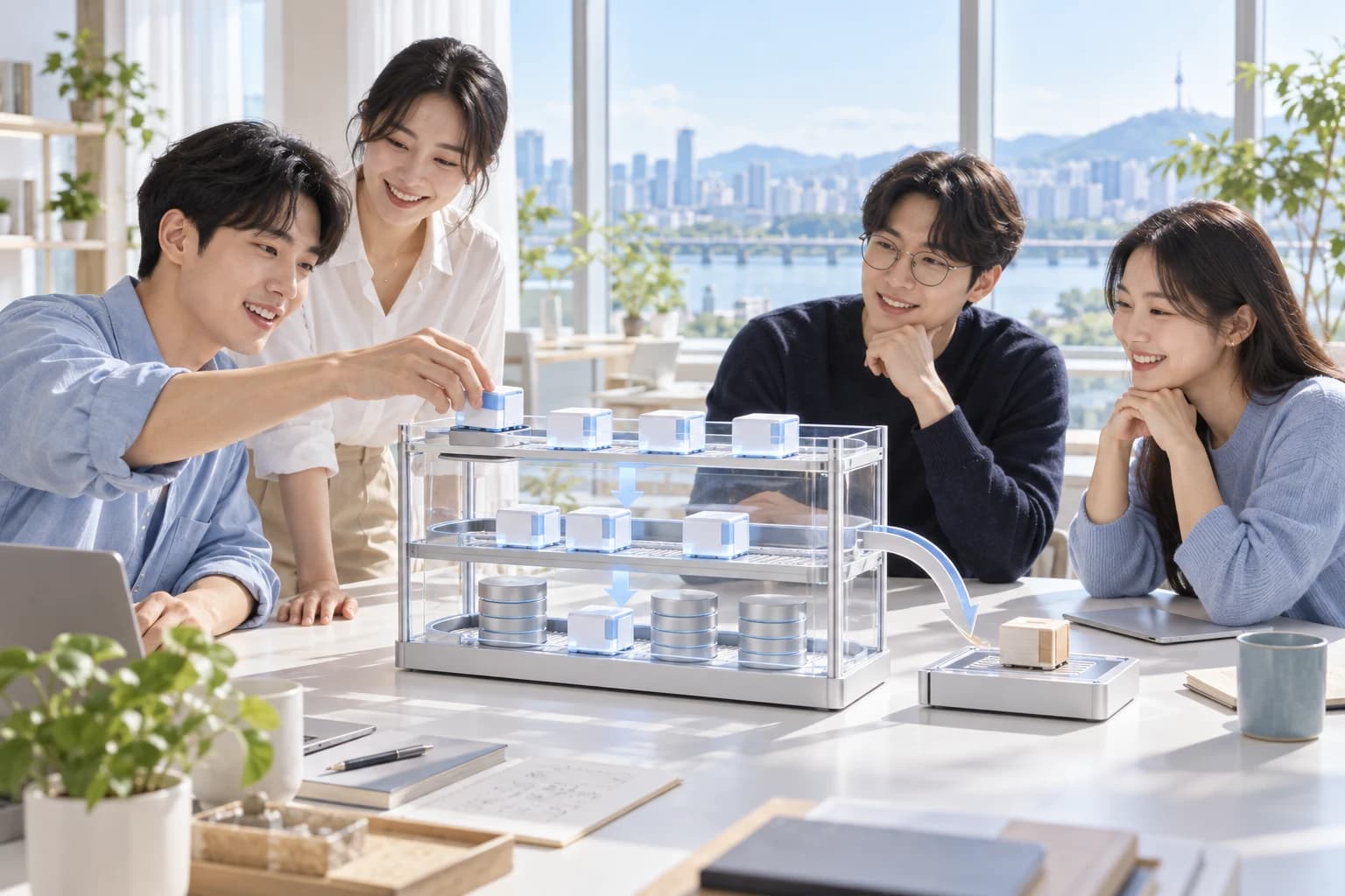 사람 중심의 밝은 개발 작업 공간을 보여주는 DevFlow Nexus 장면