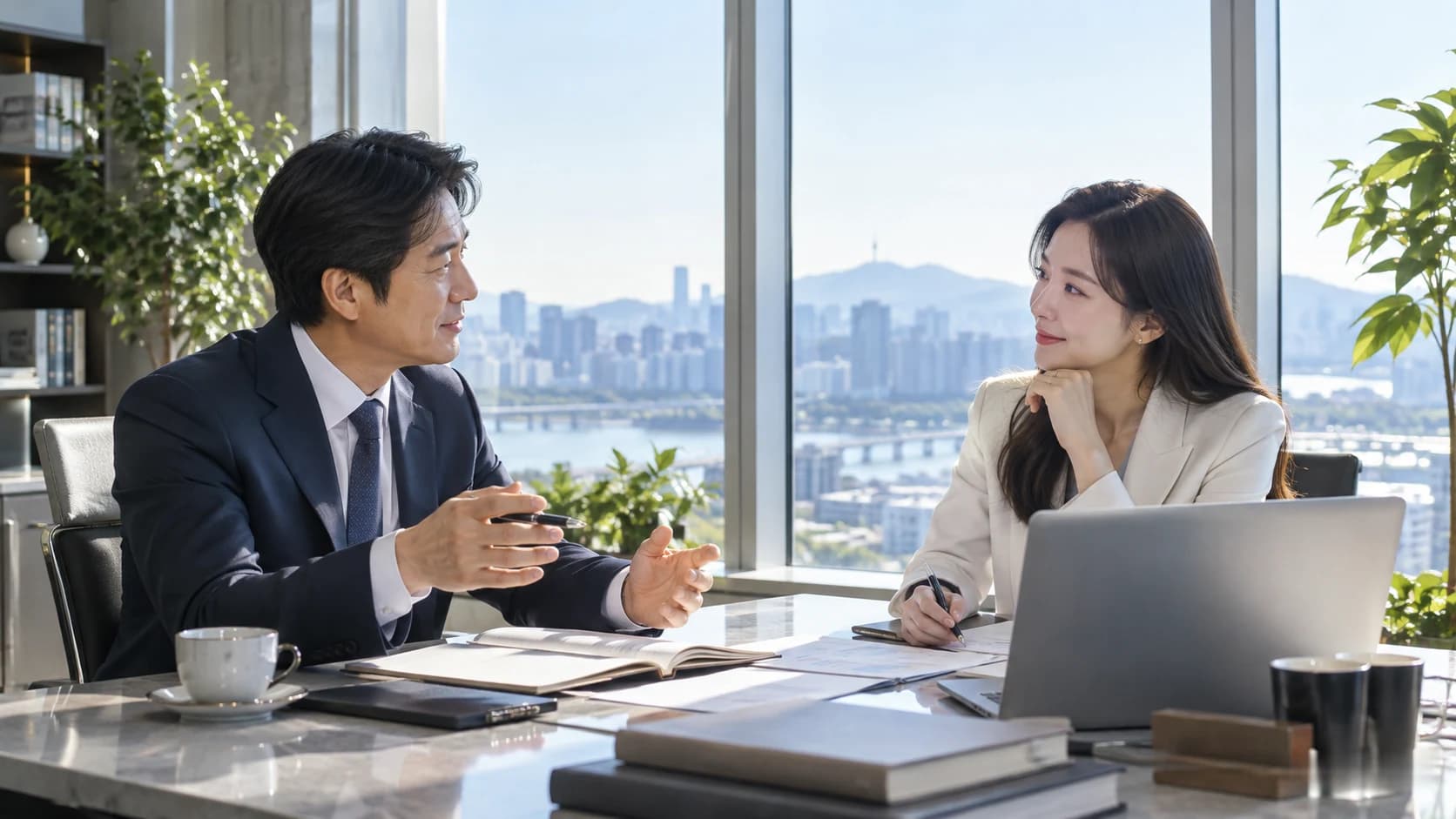 두 사람이 밝은 사무실에서 사업 자료를 함께 검토하는 장면